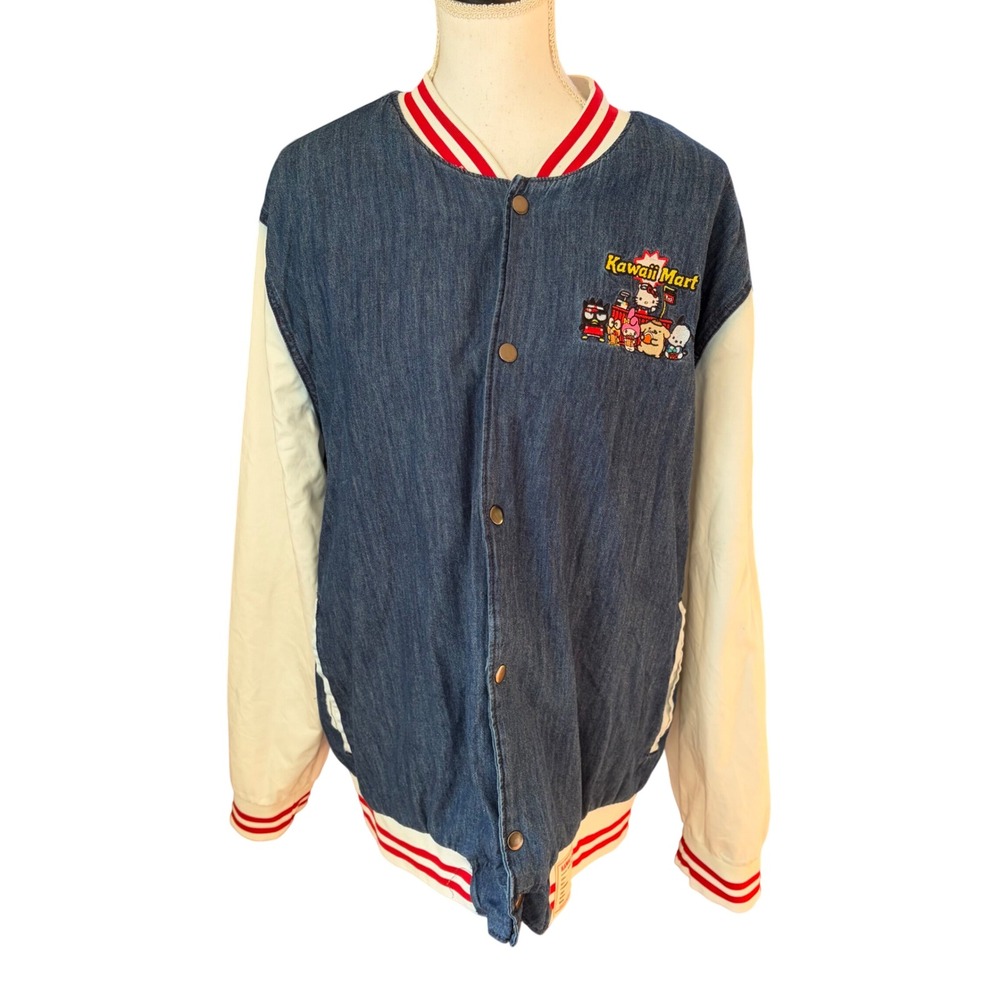 Sanrio Hello Kitty Kawaii Mart Denim Varsity Jacket Blue White 2X Oversized Plus